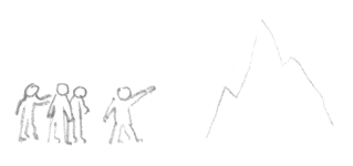 Sketch of a team preparing for mountain climbing.